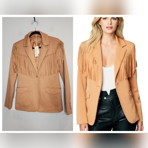 NWT Blank NYC Tan Ponte Fringe Blazer Jacket Women's Size XS - Picture 1 of 16